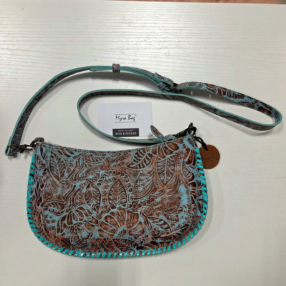 Myra Bag Turquoise Brown Floral Embossed Leather Crossbody RFID Blocked NEW